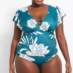Plus Size 28 or 32 Lane Bryant Swimsuit Flutter-Sleeve No-Wire Teal One Piece